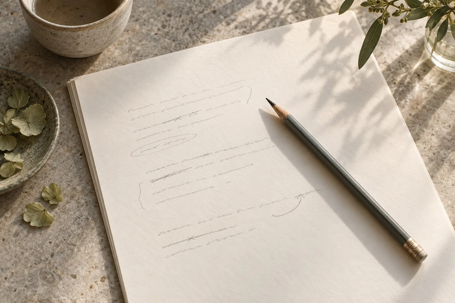 Pencil resting on a page with light revision marks