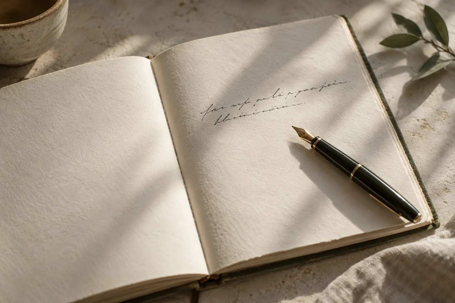 Open cream notebook and fountain pen in soft natural light